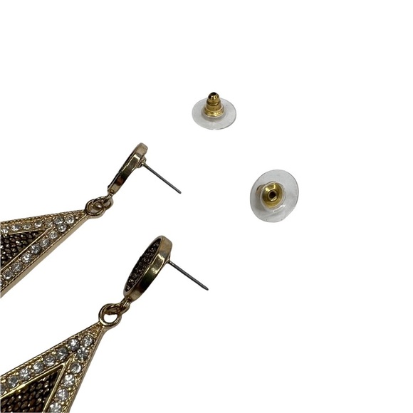 Gold Glitter Black Mesh Rhinestone Triangle Shaped Drop Pierced Earrings - Picture 6 of 8